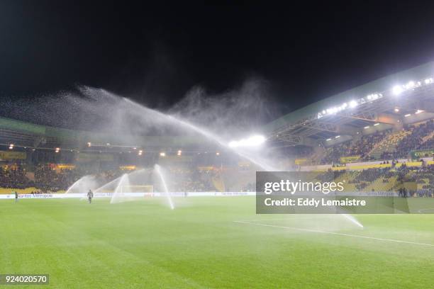 Winter watering of the lawn during the Ligue 1 match between Nantes and Amiens SC at Stade de la Beaujoire on February 24, 2018 in Nantes, .