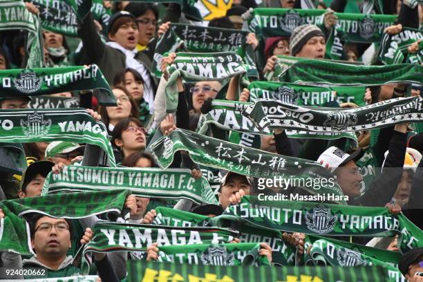 Supporyters of Matsumoto Yamaga cheer prior to the J.League J2 match between Yokohama FC and Matsumoto Yamaga at Nippatsu Mitsuzawa Stadium on...