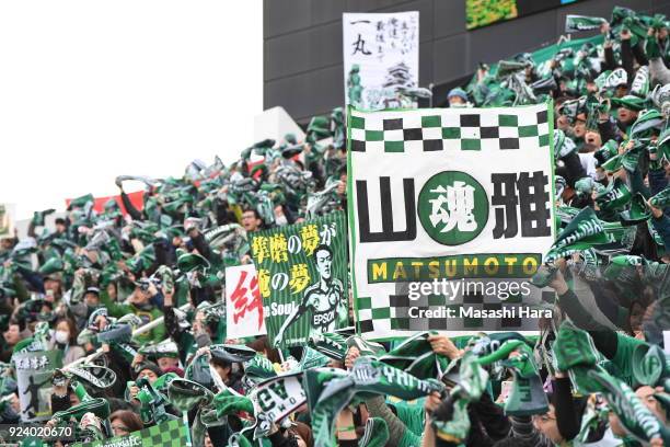 Supporyters of Matsumoto Yamaga cheer prior to the J.League J2 match between Yokohama FC and Matsumoto Yamaga at Nippatsu Mitsuzawa Stadium on...