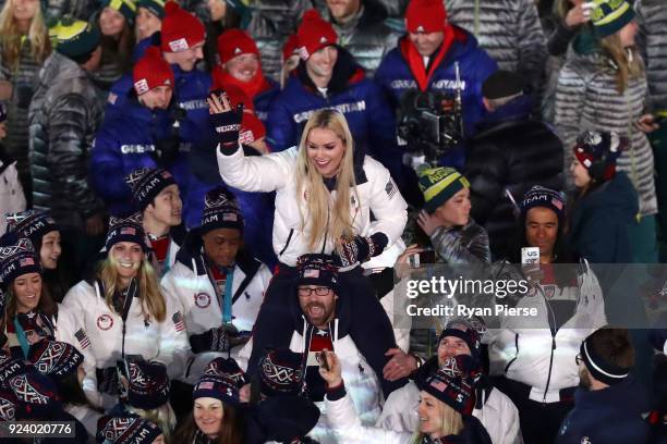 Lindsey Vonn and Team United States participate in the Parade of Athletes during the Closing Ceremony of the PyeongChang 2018 Winter Olympic Games at...