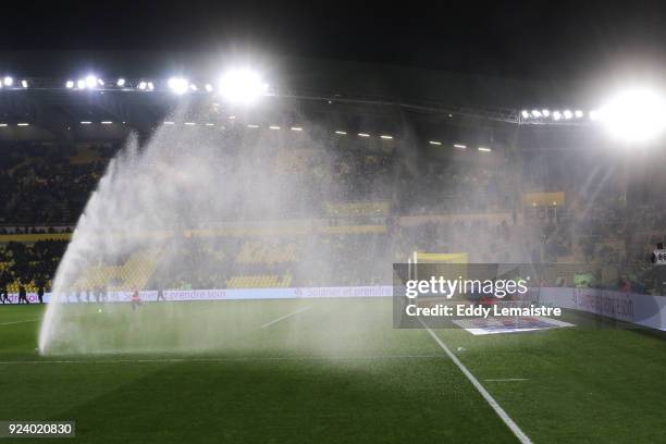 Winter watering of the lawn during the Ligue 1 match between Nantes and Amiens SC at Stade de la Beaujoire on February 24, 2018 in Nantes, .