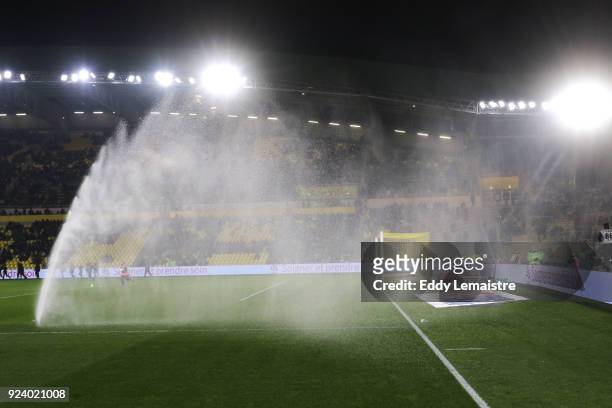 Winter watering of the lawn during the Ligue 1 match between Nantes and Amiens SC at Stade de la Beaujoire on February 24, 2018 in Nantes, .