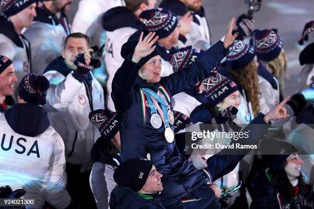 Arianna Fontana of Italy celebrates in the Parade of Athletes during the Closing Ceremony of the PyeongChang 2018 Winter Olympic Games at PyeongChang...