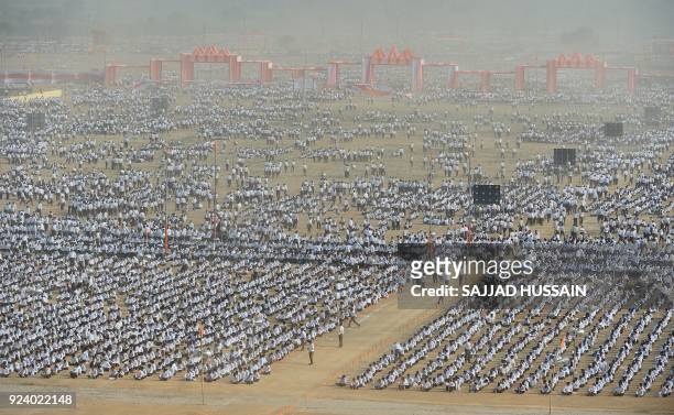 Indian volunteers of the right-wing Hindu nationalist group Rashtriya Swayamsevak Sangh gather for a large-scale congregation in Meerut on February...
