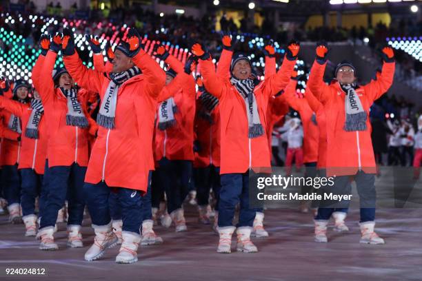 Team Japan walks in the Parade of Athletes during the Closing Ceremony of the PyeongChang 2018 Winter Olympic Games at PyeongChang Olympic Stadium on...