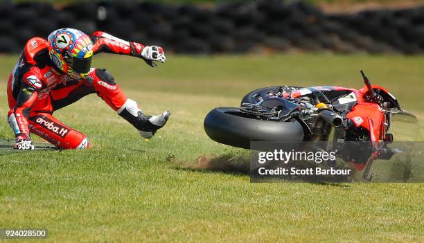 Chaz Davies of Great Britain and Aruba.it Racing - Ducati crashes out on turn 10 during race 2 in the FIM Superbike World Championship during the...