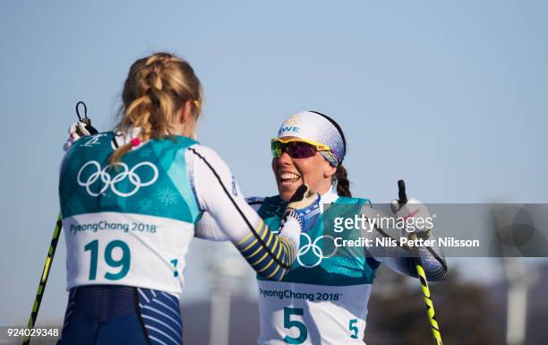Stina Nilsson of Sweden and Charlotte Kalla of Sweden during womens 30k Mass Start Classic Technique at Alpensia Cross-Country Centre on February 25,...
