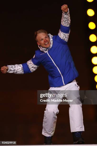 Gold medalist Iivo Niskanen of Finland poses during the medal ceremony for the Cross-Country Skiing - Men's 50km Mass Start Classic during the...