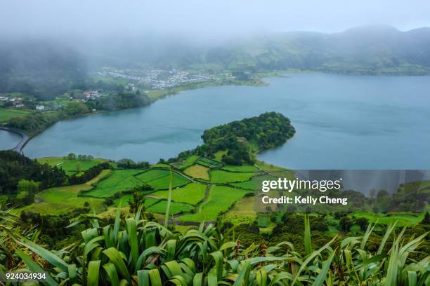 view of sete cidades and lagoa azul - cidades stock pictures, royalty-free photos & images