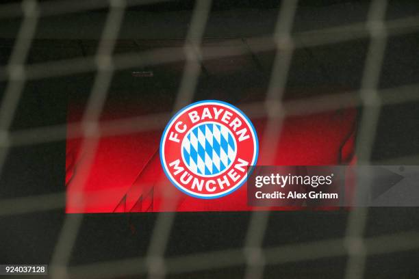 Logo of Bayern Muenchen is seen on the video screen prior to the UEFA Champions League Round of 16 First Leg match between Bayern Muenchen and...