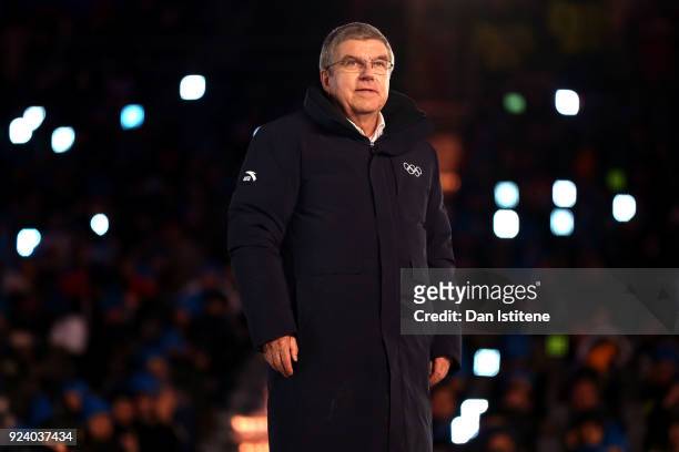 President of the International Olympic Committee Thomas Bach participates in the Olympic flag handover ceremony during the Closing Ceremony of the...