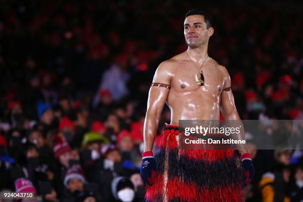 Pita Taufatofua of Tonga stands on stage during the Closing Ceremony of the PyeongChang 2018 Winter Olympic Games at PyeongChang Olympic Stadium on...