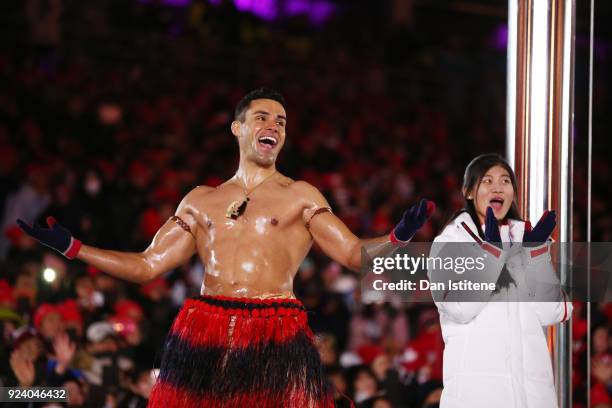 Pita Taufatofua of Tonga stands on stage during the Closing Ceremony of the PyeongChang 2018 Winter Olympic Games at PyeongChang Olympic Stadium on...