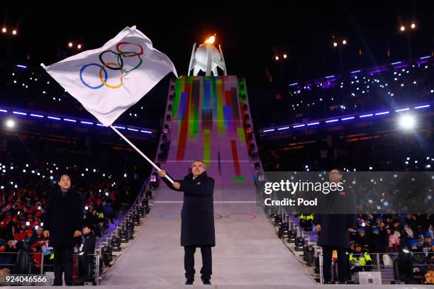 Mayor of PyeongChang Sim Jae-guk, President of the International Olympic Committee Thomas Bach and Mayor of Beijing Chen Jining participate in the...