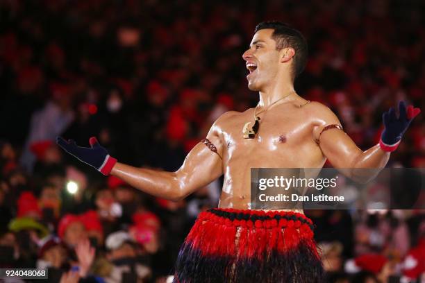 Pita Taufatofua of Tonga stands on stage during the Closing Ceremony of the PyeongChang 2018 Winter Olympic Games at PyeongChang Olympic Stadium on...