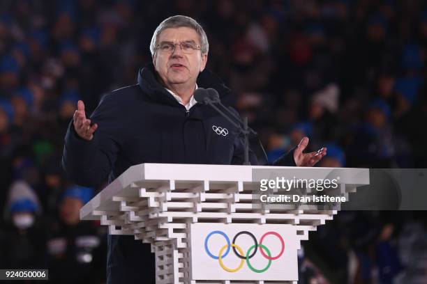 President of the International Olympic Committee Thomas Bach speaks during the Closing Ceremony of the PyeongChang 2018 Winter Olympic Games at...