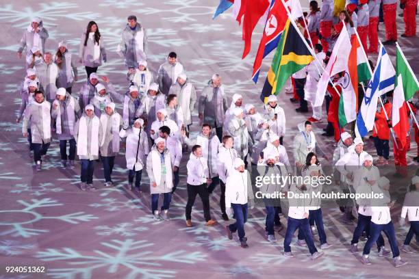 Members of Olympic Athletes from Russia walk in the Parade of Athletes during the Closing Ceremony of the PyeongChang 2018 Winter Olympic Games at...