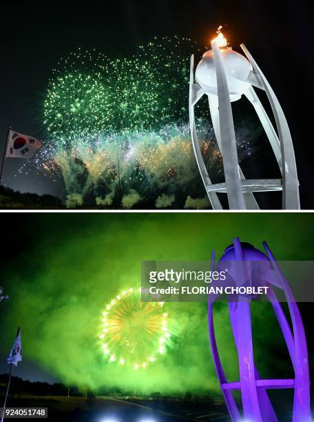 Combination photo shows the Olympic flame on and off as fireworks are set off during the closing ceremony as the Olympic flame is put out at the...