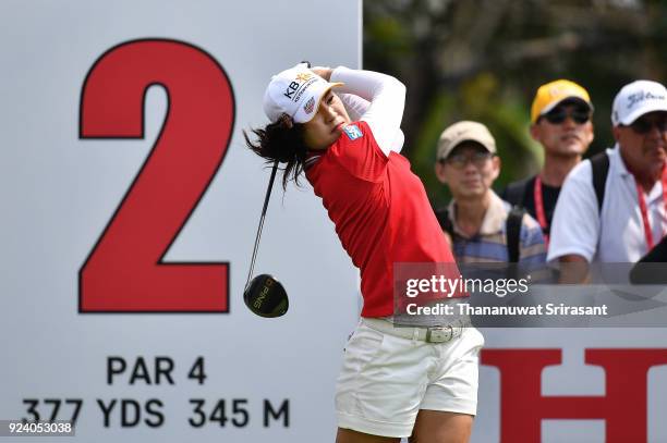 In Gee Chun of Republic of Korea tees off at 2nd hole during the Honda LPGA Thailand at Siam Country Club on February 25, 2018 in Chonburi, Thailand.