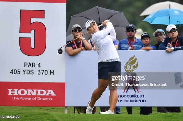 Amy Yang of Republic of Korea tees off at 5th hole during the Honda LPGA Thailand at Siam Country Club on February 25, 2018 in Chonburi, Thailand.