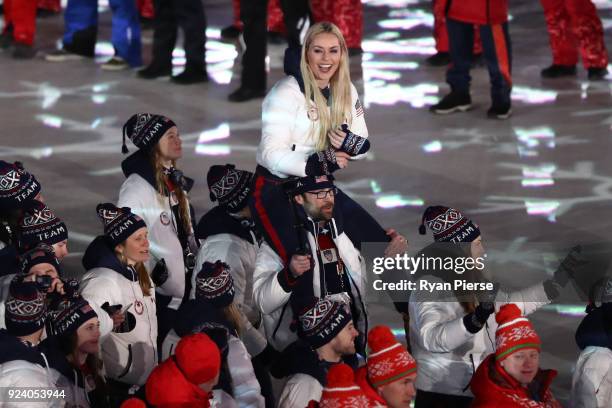 Lindsey Vonn of the United States and Team USA walk in the Parade of Athletes during the Closing Ceremony of the PyeongChang 2018 Winter Olympic...