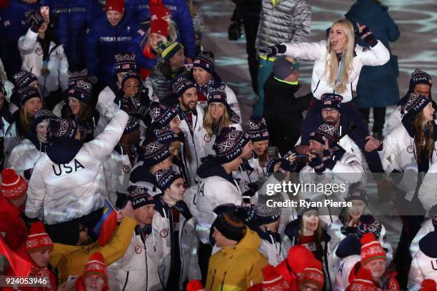 Lindsey Vonn of the United States and Team USA walk in the Parade of Athletes during the Closing Ceremony of the PyeongChang 2018 Winter Olympic...