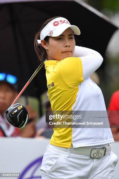 Moriya Jutanugarn of Thailand plays the shot during the Honda LPGA Thailand at Siam Country Club on February 25, 2018 in Chonburi, Thailand.