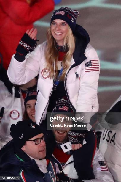 Members of Team USA walk in the Parade of Athletes during the Closing Ceremony of the PyeongChang 2018 Winter Olympic Games at PyeongChang Olympic...