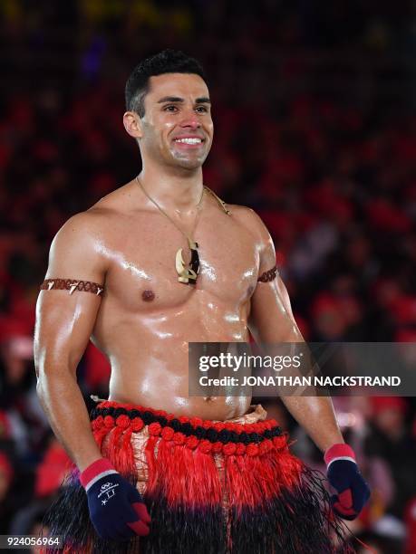 Tonga's Pita Taufatofua attends the closing ceremony of the Pyeongchang 2018 Winter Olympic Games at the Pyeongchang Stadium on February 25, 2018. /...