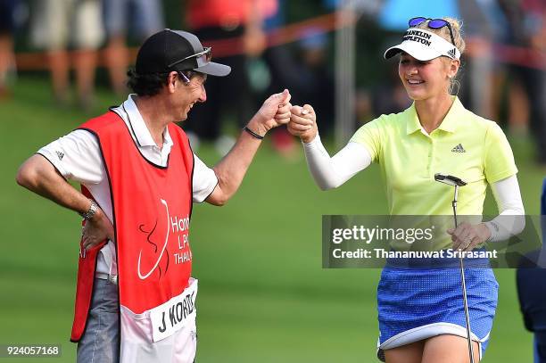 Jessica Korda of United States celebrates with her caddy during the Honda LPGA Thailand at Siam Country Club on February 25, 2018 in Chonburi,...