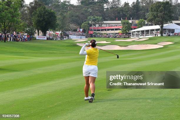 Moriya Jutanugarn of Thailand plays the shot during the Honda LPGA Thailand at Siam Country Club on February 25, 2018 in Chonburi, Thailand.