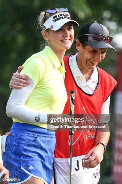 Jessica Korda of United States celebrates with her caddy during the Honda LPGA Thailand at Siam Country Club on February 25, 2018 in Chonburi,...