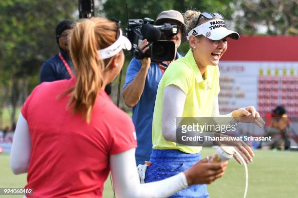 Jessica Korda of United States celebrates on the 18th green after winning the Honda LPGA Thailand at Siam Country Club on February 25, 2018 in...