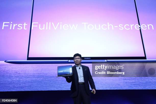 Richard Yu, chief executive officer of Huawei Technologies Co., presents the MateBook X Pro laptop computer during a Huawei Technologies Co. Launch...