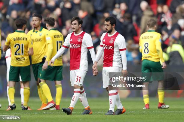 Edouard Duplan of ADO Den Haag, Tyronne Ebuehi of ADO Den Haag, Danny Bakker of ADO Den Haag, Nico Tagliafico of Ajax, Amin Younes of Ajax, Aaron...