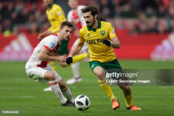 Joel Veltman of Ajax, Edouard Duplan of ADO Den Haag during the Dutch Eredivisie match between Ajax v ADO Den Haag at the Johan Cruijff Arena on...