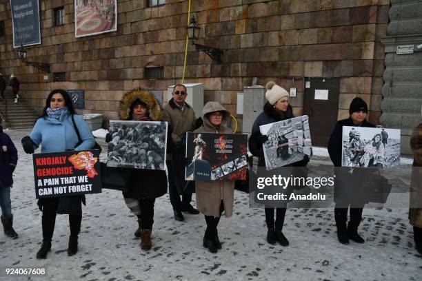 Group of people gather to protest Khojaly Massacre during its 26th anniversary in Stockholm, Sweden on February 25, 2018. The massacre on February...