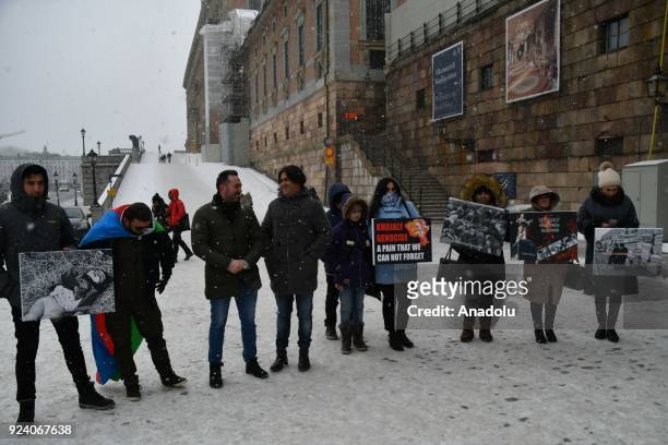 Group of people gather to protest Khojaly Massacre during its 26th anniversary in Stockholm, Sweden on February 25, 2018. The massacre on February...