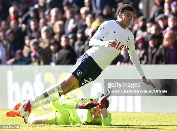 Dele Alli of Tottenham goes over the top of Crystal Palace goalkeeper Wayne Hennessey during the Premier League match between Crystal Palace and...