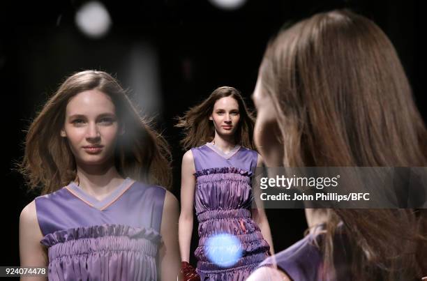 Model walks the catwalk at the Trend show during the London Fashion Week Festival February 2018 on February 25, 2018 in London, United Kingdom.