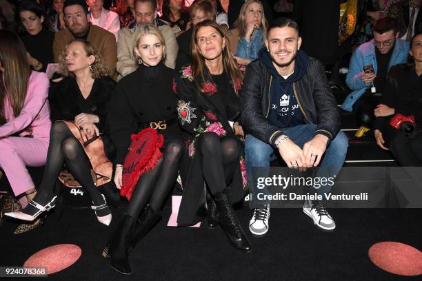 Caro Daur, Anna Dello Russo and Mauro Icardi attend the Dolce & Gabbana show during Milan Fashion Week Fall/Winter 2018/19 on February 25, 2018 in...