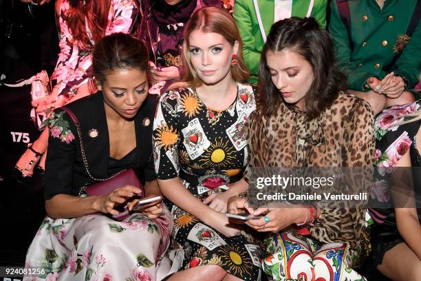 Emma Thynn, Kitty Spencer and Eliza Moncreiffe attend the Dolce & Gabbana show during Milan Fashion Week Fall/Winter 2018/19 on February 25, 2018 in...