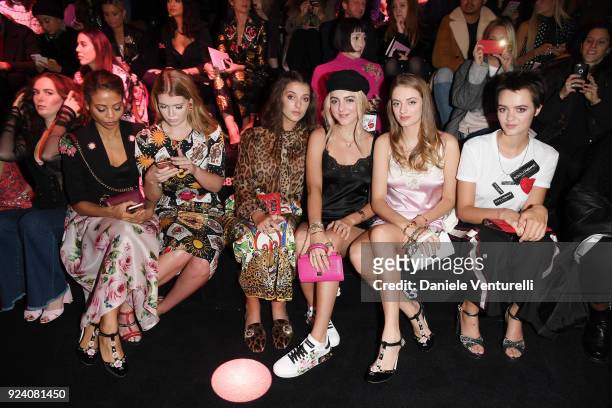 Emma Thynn, Kitty Spencer, Eliza Moncreiffe, Lily Moncreiffe, Idina Moncreiffe and Alexandra Moncreiffe attend the Dolce & Gabbana show during Milan...
