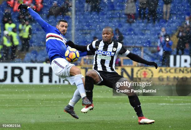 Fabio Quaglarella of Sampdoria opposed to Samir of Udinese during the serie A match between UC Sampdoria and Udinese Calcio at Stadio Luigi Ferraris...