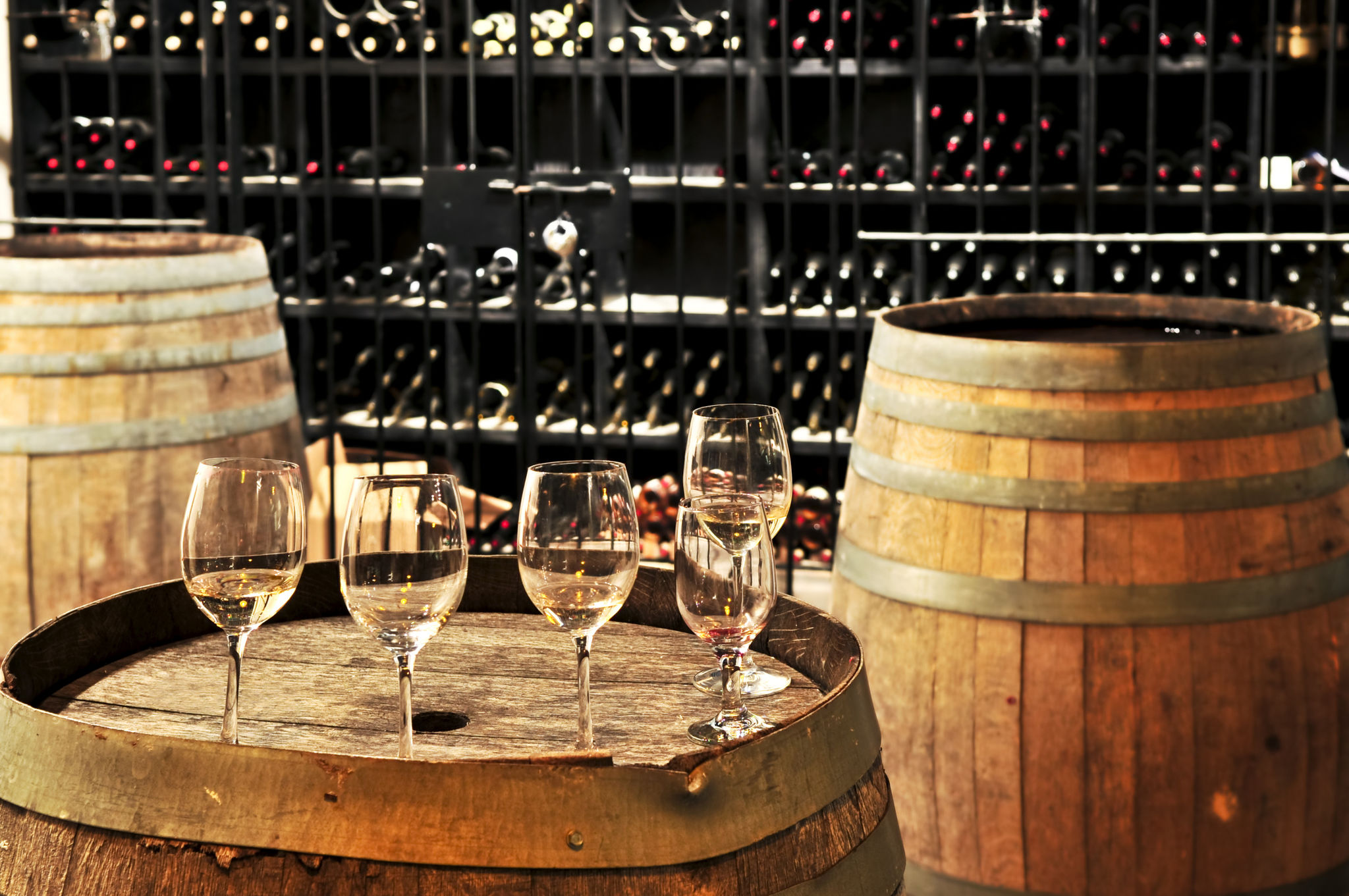 Wine glasses and barrels Wine glasses and barrels