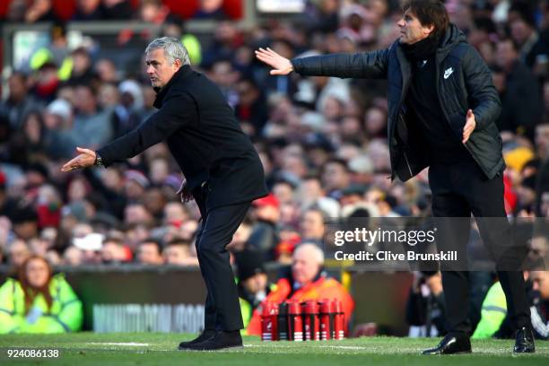 Jose Mourinho, Manager of Manchester United and Antonio Conte, Manager of Chelsea during the Premier League match between Manchester United and...