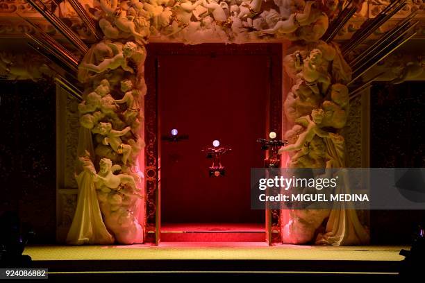 Drones carrying handbags fly over the stage during the women's Fall/Winter 2018/2019 collection fashion show by Dolce & Gabbana in Milan, on February...