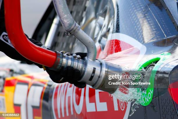 Fuel spillage on the car of Alex Labbé, DGM Racing, Can-Am / Wholey / Cyclops Gear Chevrolet Camaro during the Rinnai 250 NASCAR Xfinity Series race...