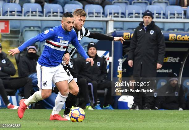 Gianluca Caprari of Sampdoria opposed to Silvan Widmer of Udinese during the serie A match between UC Sampdoria and Udinese Calcio at Stadio Luigi...