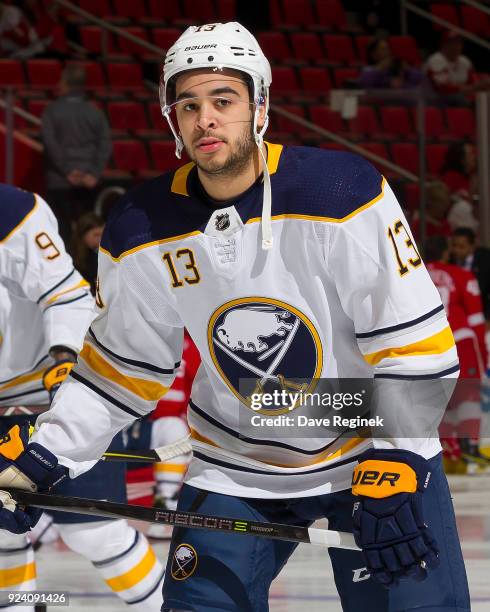 Nicholas Baptiste of the Buffalo Sabres skates in warm-ups prior to an NHL game against the Detroit Red Wings at Little Caesars Arena on February 22,...